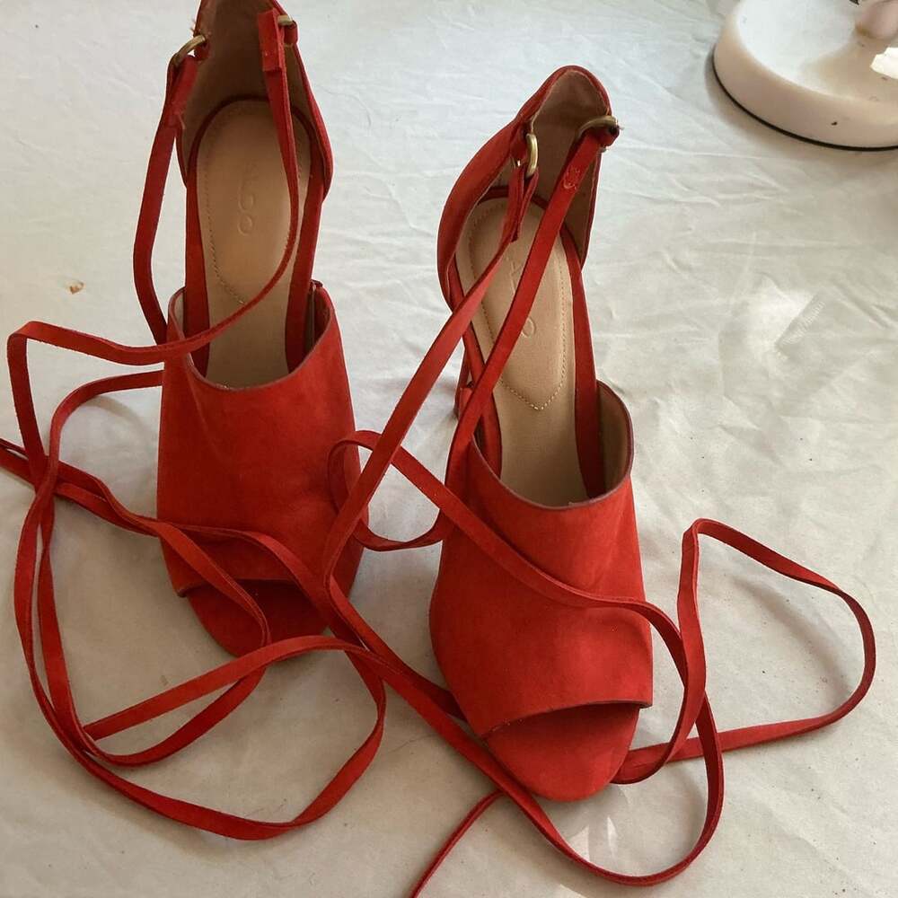 Aldo Red Suede Open Toe Stiletto Heels with Ankle Wrap Straps